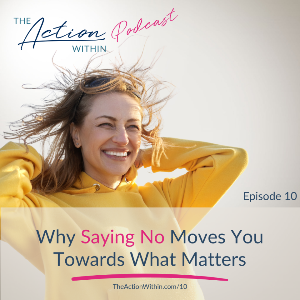 Women in yellow jumper with wind blowing her hair all around and smiling with scrunched up eyes - Episode 10: Why Saying No Moves You Towards What Matters